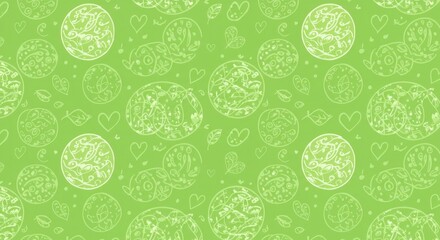 Lime green background with hearts, leaves, and circles doodle pattern