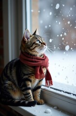 Bengal cat wearing red scarf watching falling snowflakes