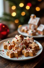 Christmas snowflake shaped cookies with gingerbread house and decorated tree in background