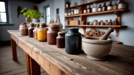 Rustic Apothecary Jars and Mortar and Pestle on Wooden Table in Vintage Herbal Store