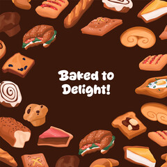 Design of card with round border of bakery and place for text. Circle frame from pastry, baked products, flour desserts, tasty food, bread, cakes. Advertising of bakehouse. Flat vector illustration