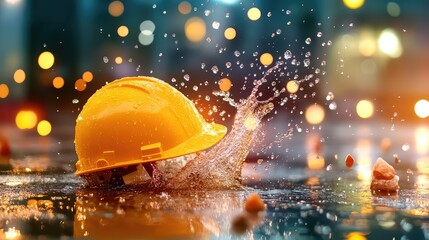 Urban construction vibe at night with yellow helmet splashing water on pavement