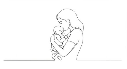 Minimalist Line Art Depicting Mother and Child Bonding Moment of Affection