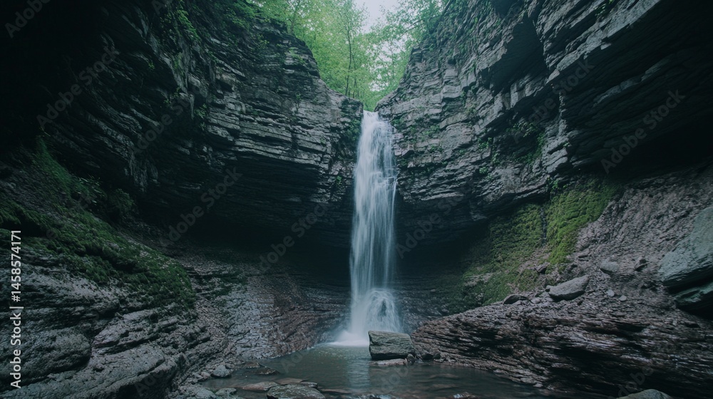 Aufkleber scenic view of waterfall flowing into small pond amidst mossy rocks and cliffs covered with lush gre