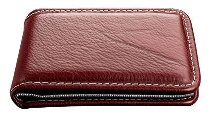 Burgundy leather wallet with stitching, money clip, cut out transparent