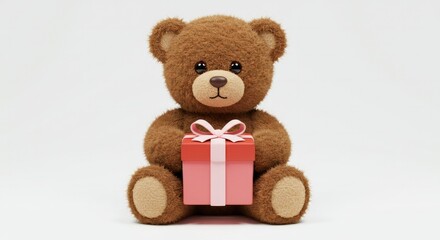 Obraz premium Delightful fluffy brown teddy bear clutching a pink gift, expressing warmth and love