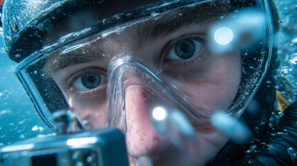 Teenager piloting mini submersible drone in Arctic waters