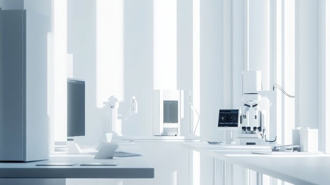 A contemporary minimalist quantum computing research lab, with a stark white background and minimal quantum computing devices, Modern minimalist style.