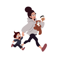 Mother Toddler Coffee Run Cartoon Illustration
