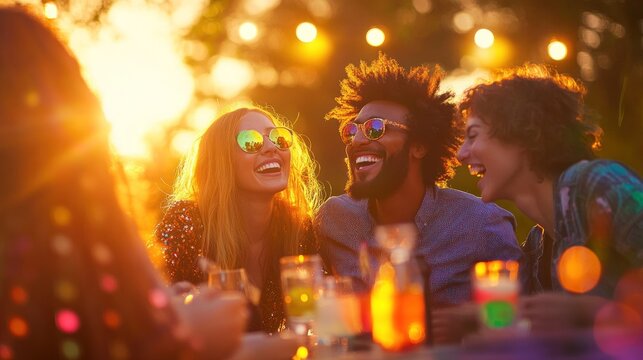 Joyful friends sunset gathering sharing drinks and laughter