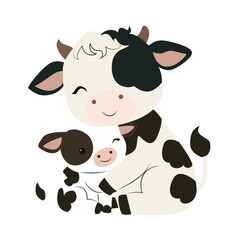Cute Cow Mother Calf Hug Illustration