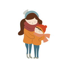 Winter Hug Mother Child Cold Day