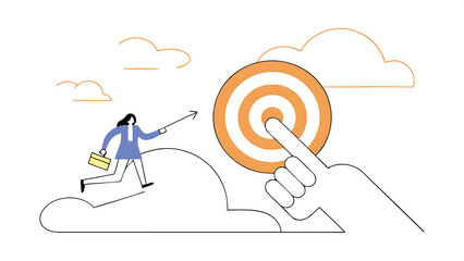 goal oriented setting goal and focus on target and aim to achieve success work toward mission target motivation and anticipation to win concept businesswoman run on hand pointing toward target 060525