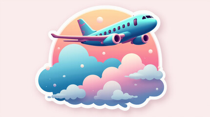 Cute vector aviation sticker featuring blue airplane and pink-blue clouds against a pastel background.