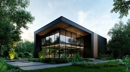 Modern black house with large glass windows surrounded by lush greenery.