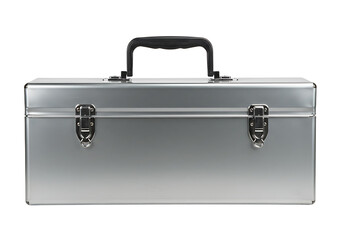 Reflective Storage: A Polished Aluminum Toolbox on a Seamless White Background