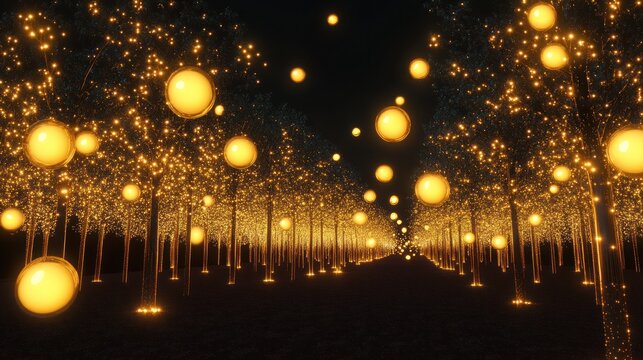 Glowing orbs and trees night pathway magical fantasy dream