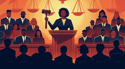 Empowered Judge Leading Civil Rights Movement in Courtroom Illustration with Justice Symbolism