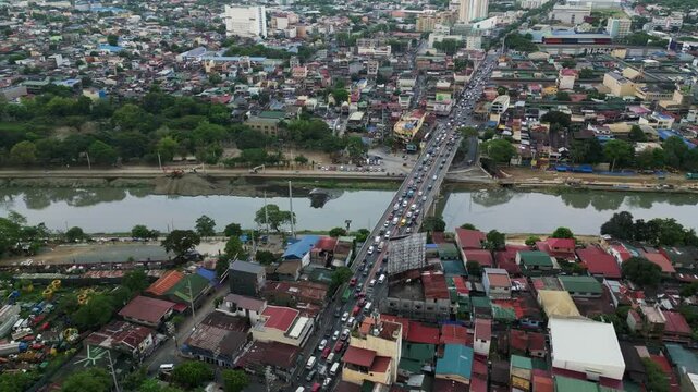 Aerial Forward Shot of Bustling Traffic on Marikina Bridge During Rush Hour &ndash; Marikina City, Philippines
