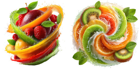 Naklejka premium Summer vibe clipart concept for skincare and beauty packaging design. Vibrant swirl of assorted fruits with leaves and water splash effects