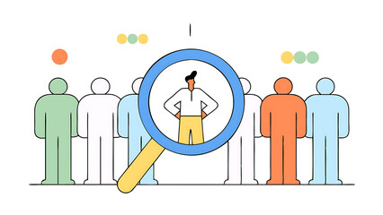 outstanding winner candidate for job position stand out from the crowd notable different or distinct person concept confidence businessman stand out on human resource magnifying glass recruitment