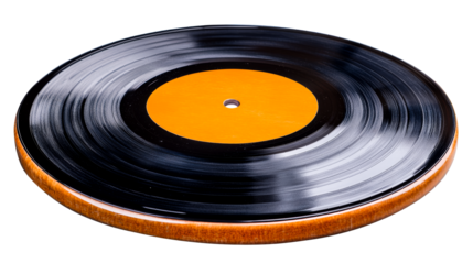 Vinyl record, orange label on turntable, music, groove, disc, cut out transparent