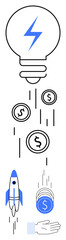Obraz premium Light bulb above falling coins, rocket launch, and open hand symbolizing innovation, investment, growth, funding. Ideal for business, startup, innovation finance economy entrepreneurship simple