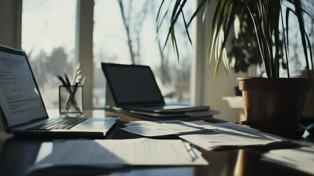 Working in a sunlit office with plants and paperwork scattered around during a winter afternoon