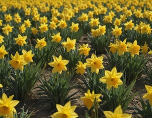 Obraz premium Sunlit field of vibrant yellow daffodils, petals gleaming , close-up, wildflowers