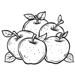 Black And White Apple Illustration Pile Of Fresh Fruit With Leaves