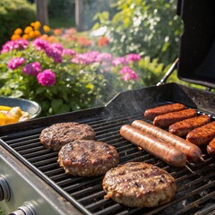 Grilled meat on the grill. Barbecue in garden. 