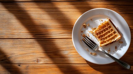 Remnants of waffle brunch on a sunlit wood table, with a single fork
