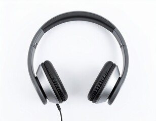 Fototapeta premium Headphone's grey and black sleek design, laying flat on a stark white surface, ready to listen
