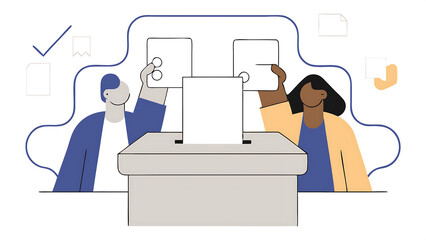 voting poll or employee feedback questionnaire politic choice opinion or democracy election or customer survey referendum concept diverse people hold voting paper checkmark putting in vote box 060525