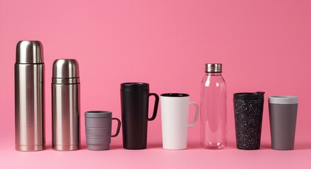Fototapeta premium AI image displays a diverse collection of reusable travel mugs, tumblers, and thermoses neatly arranged in row against bright pink background