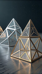 Geometric shapes displayed as metallic pyramids on a dark background  