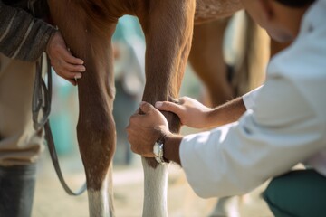 A veterinarian carefully examines a horse's leg in this detailed, close-up medical inspection.