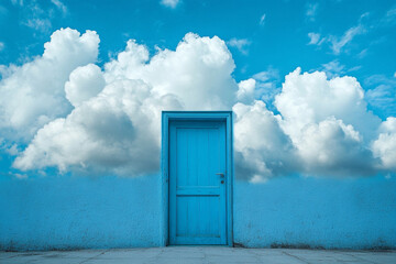Surreal image of a blue door surrounded by fluffy clouds, symbolizing imagination, dreams, and new possibilities