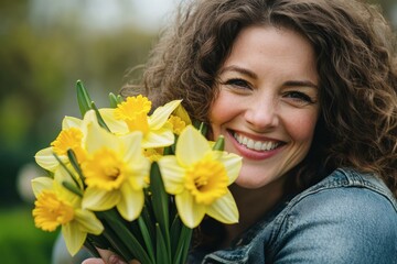 Naklejka premium Smiling woman with curly hair holding yellow flowers outdoors.