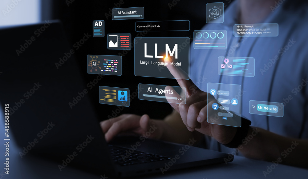 Poster large language model(llm) with ai technology.user working on laptop in llm,data performrange languag