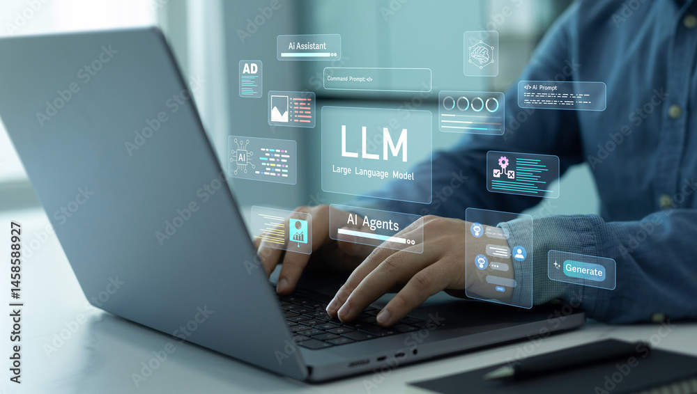 Poster large language model(llm) with ai technology.user working on laptop in llm,data performrange languag