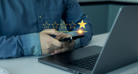 Customer satisfaction survey with 5 star grade. Service experience rating online in phone application.Customer evaluation product service quality feedback review.