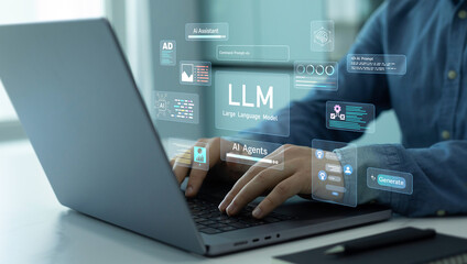 Large language model(LLM) with AI technology.User working on laptop in LLM,Data performrange...