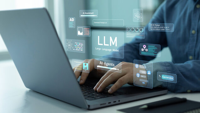 Large language model(LLM) with AI technology.User working on laptop in LLM,Data performrange language tasks,answering questions, summarizing information, translating languages, writing code.