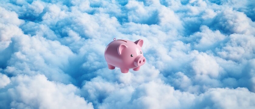 Piggy bank floating on clouds savings finance and cloud technology concept