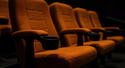 Fototapeta premium AI image shows a close-up view of empty, plush orange cinema seats arranged in a row within a dark movie theater