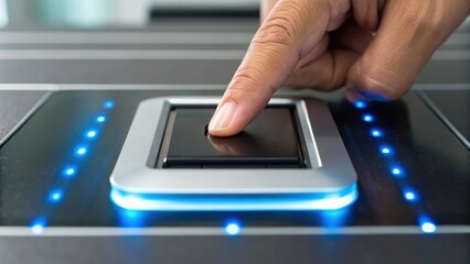 A hand pressing a fingerprint scanner on a sleek device with illuminated edges, symbolizing security and technology.