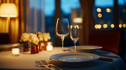 Elegant Dinner Table Setting with Soft Lighting and City View Backdrop