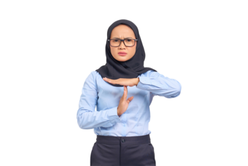 Portrait of pretty young Asian woman showing time out gesture with hands isolated on transparent background
