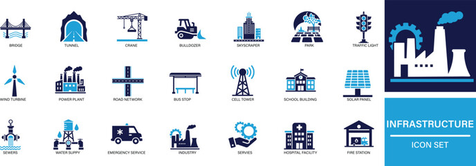 Infrastructure Icon Set  construction, development, road, bridge, building